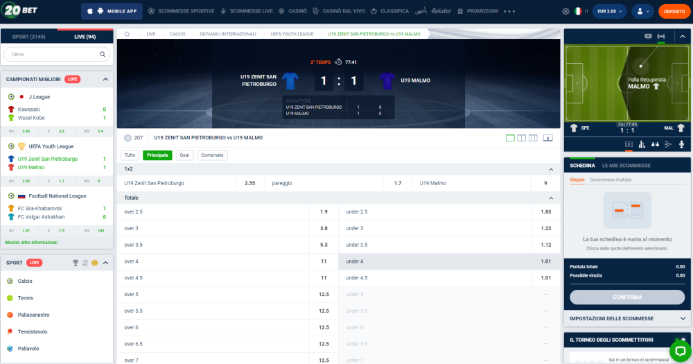 20bet scommesse Live